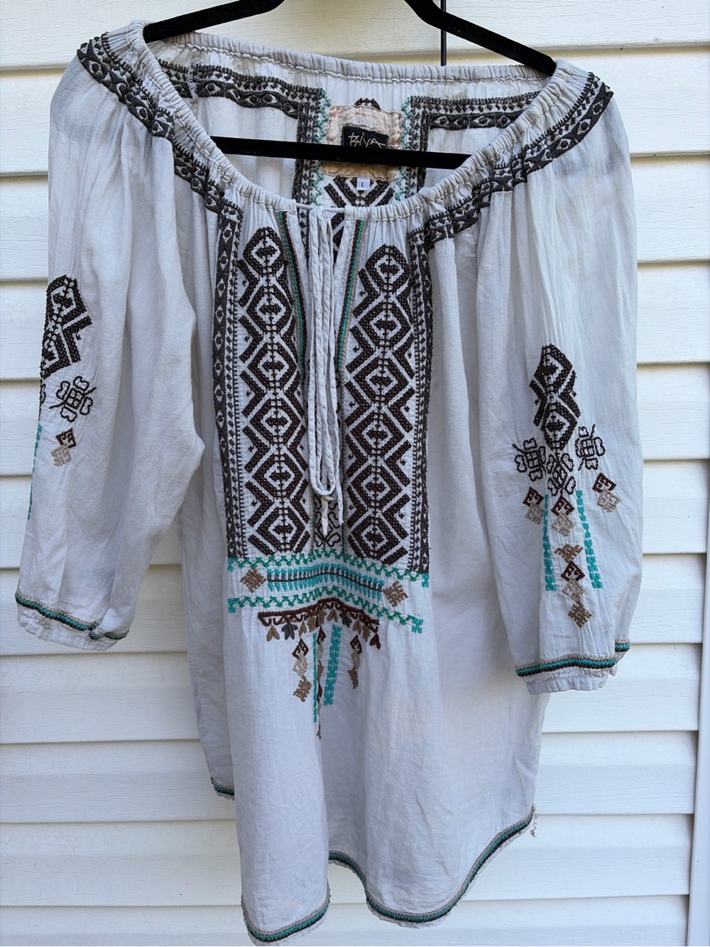 BIYA by Johnny Was L White Embroidered Boho Peasant Tunic Top